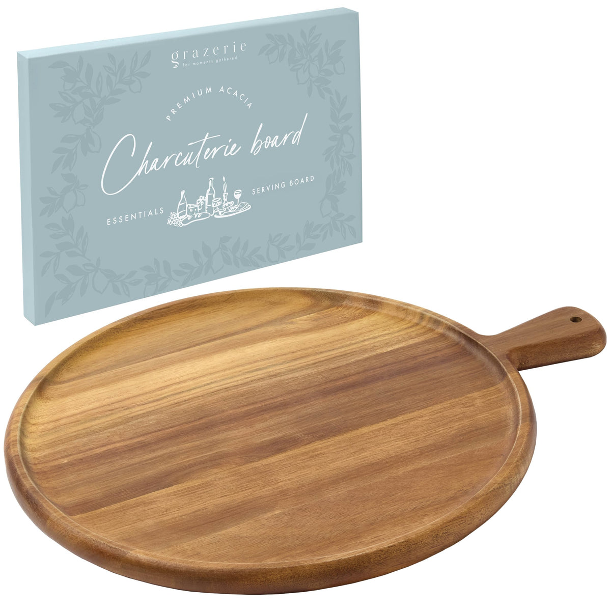 Grazerie round acacia charcuterie board with handle for easy serving at gatherings.