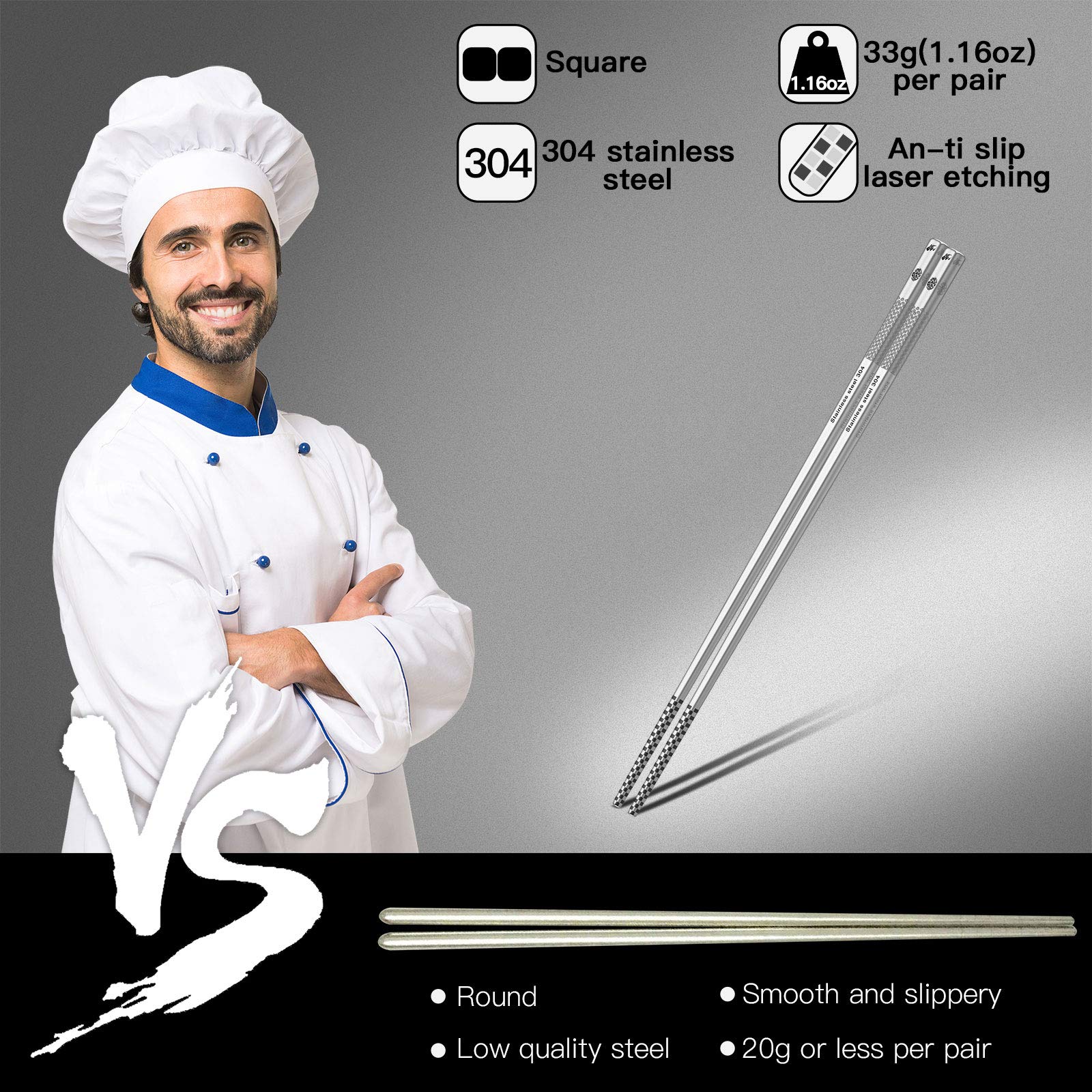 Greatamzor 304 stainless steel chopsticks, durable for daily cooking and serving.