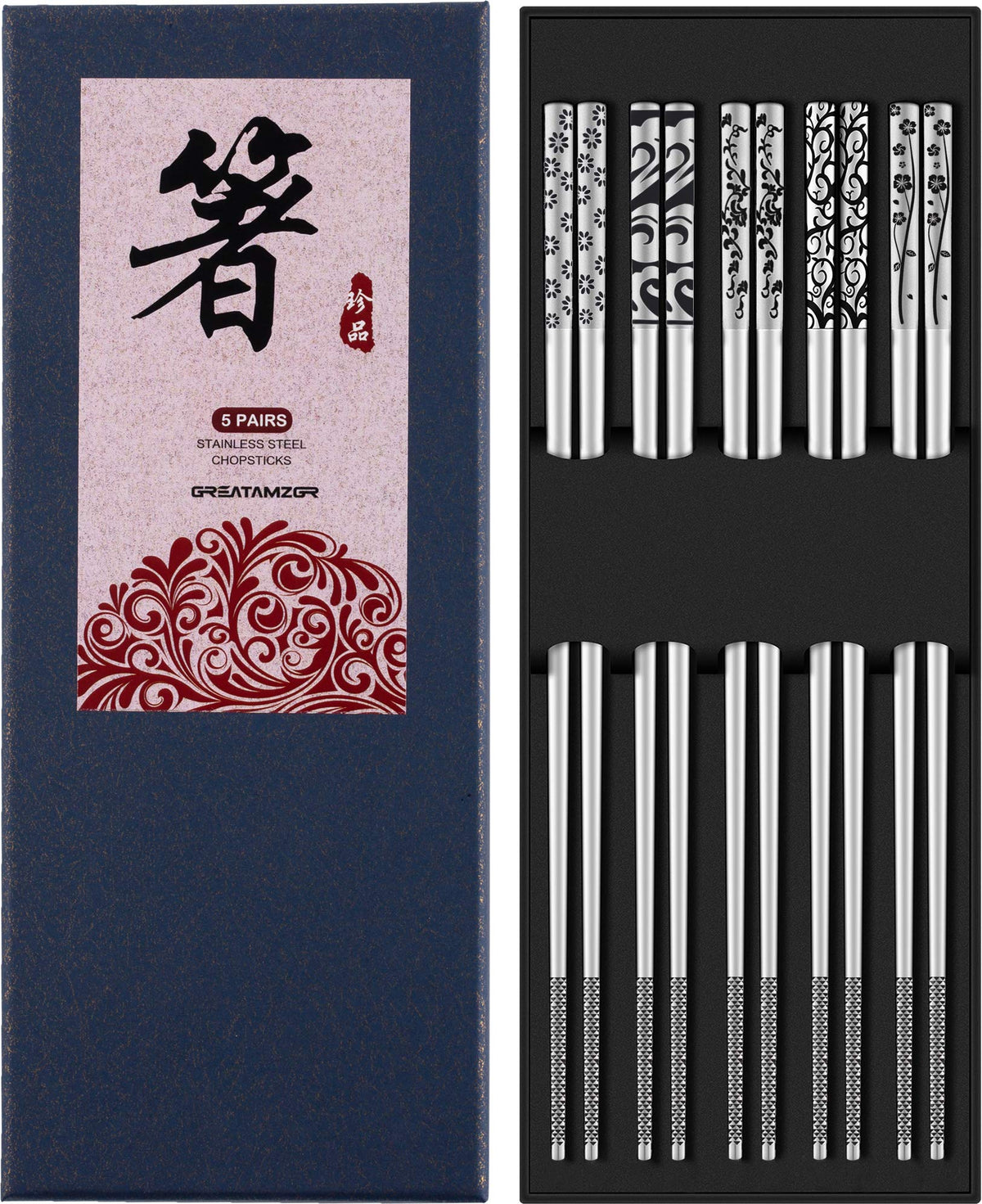 Greatamzor metal chopsticks with engraved pattern for lasting style at meals.