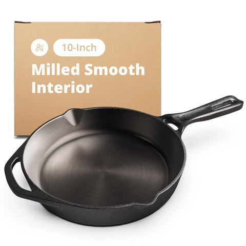 Greater Goods 10-Inch skillet front view showing durable pre-seasoned surface for daily meals