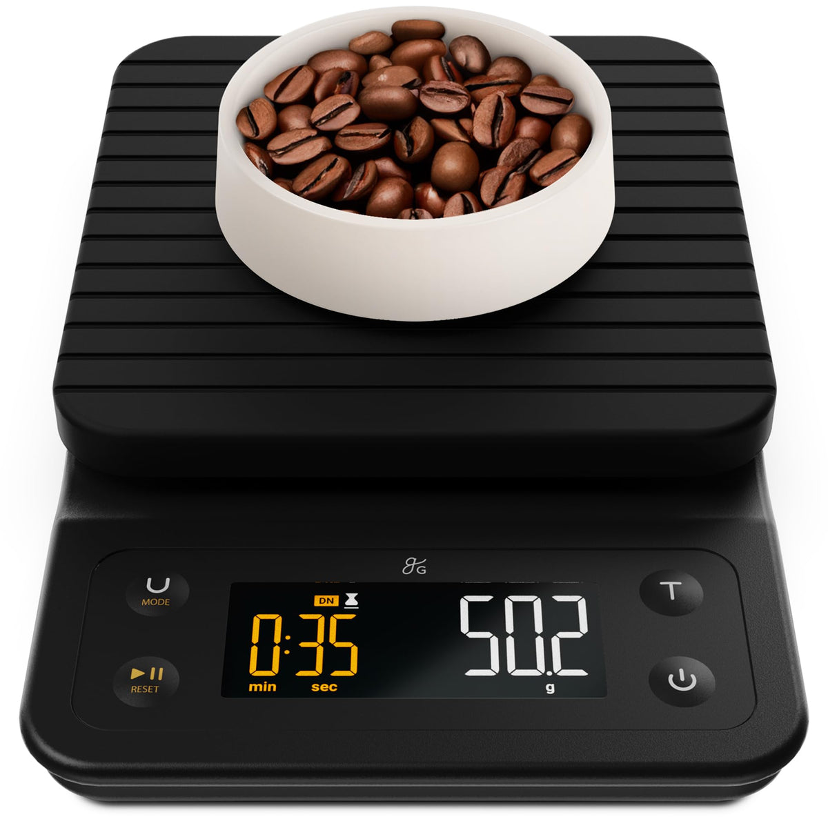 Greater Goods Coffee Scale with Timer front view showing clear readout for precise pour-over.
