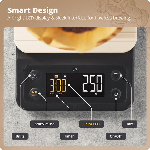 Greater Goods Coffee Scale with Timer, 3 kg capacity for beans and brews.