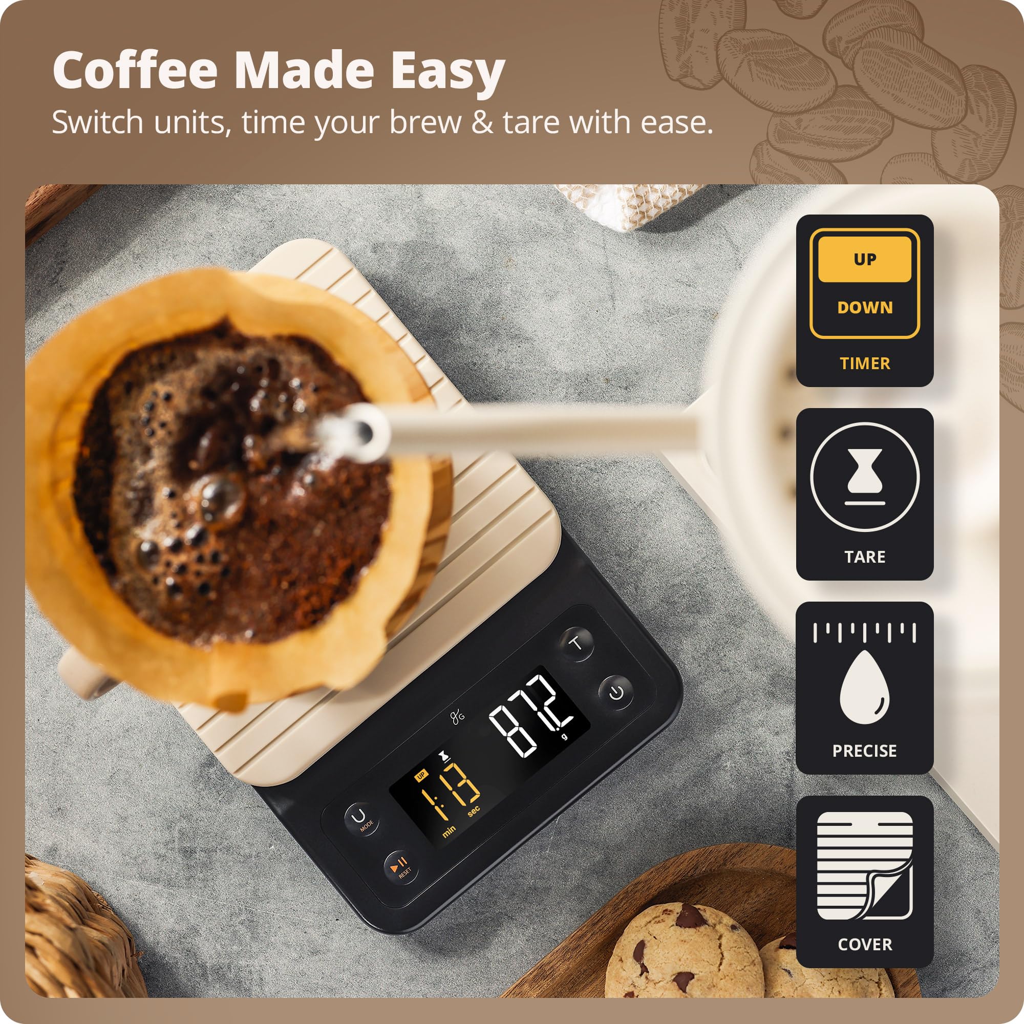 Greater Goods Coffee Scale with Timer, digital display, quick feedback for accurate bean weighing.