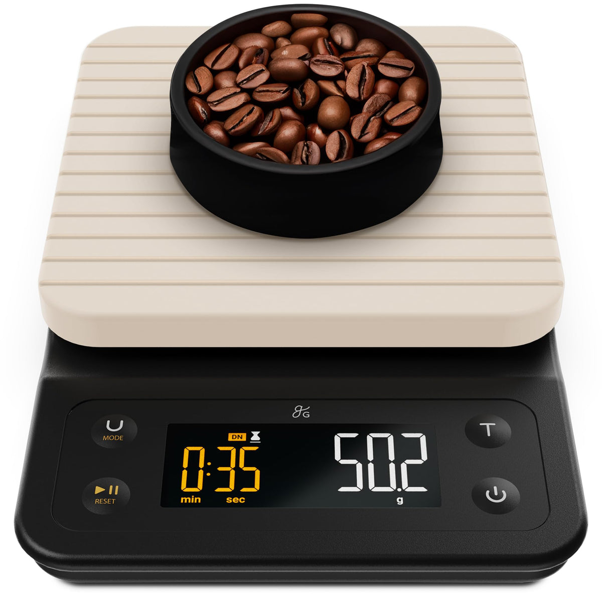 Greater Goods Coffee Scale with Timer, front view, precise 0.1 g for consistent pour-over.
