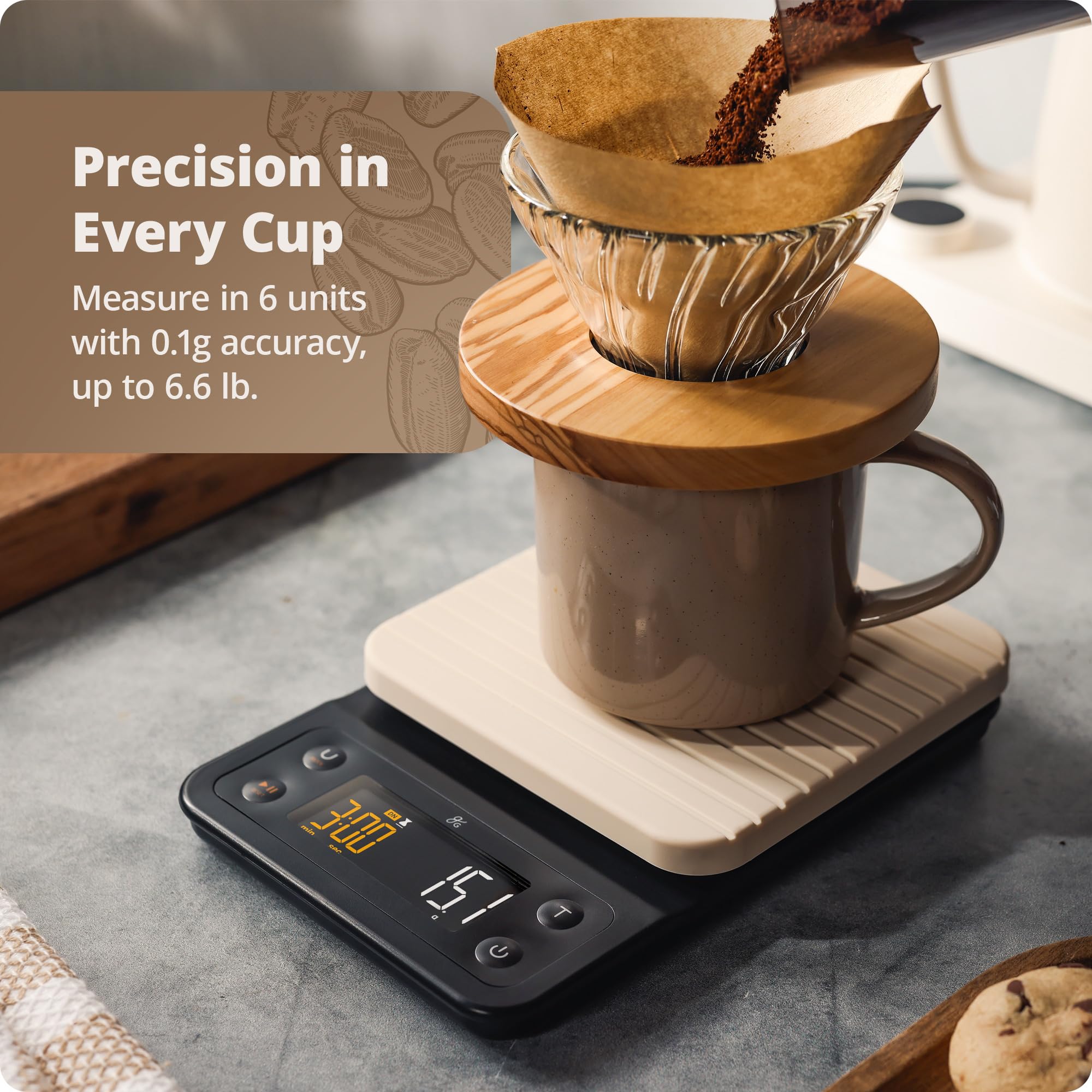 Greater Goods Coffee Scale with Timer, top view, durable cover protects spills.