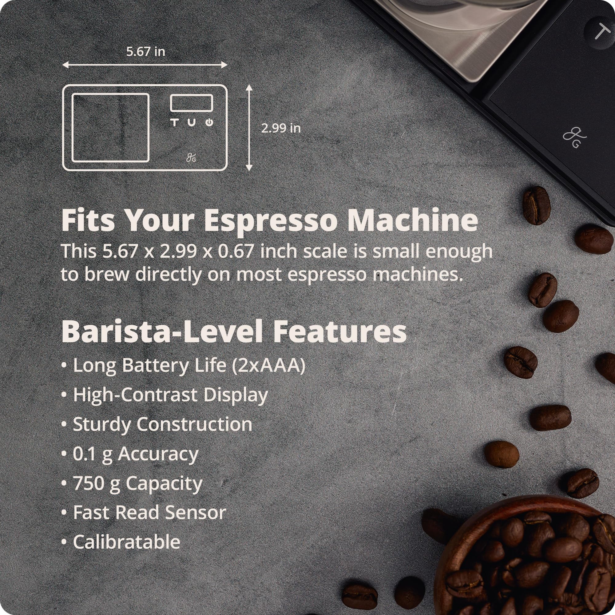 Greater Goods compact coffee scale portable for travel and home use.