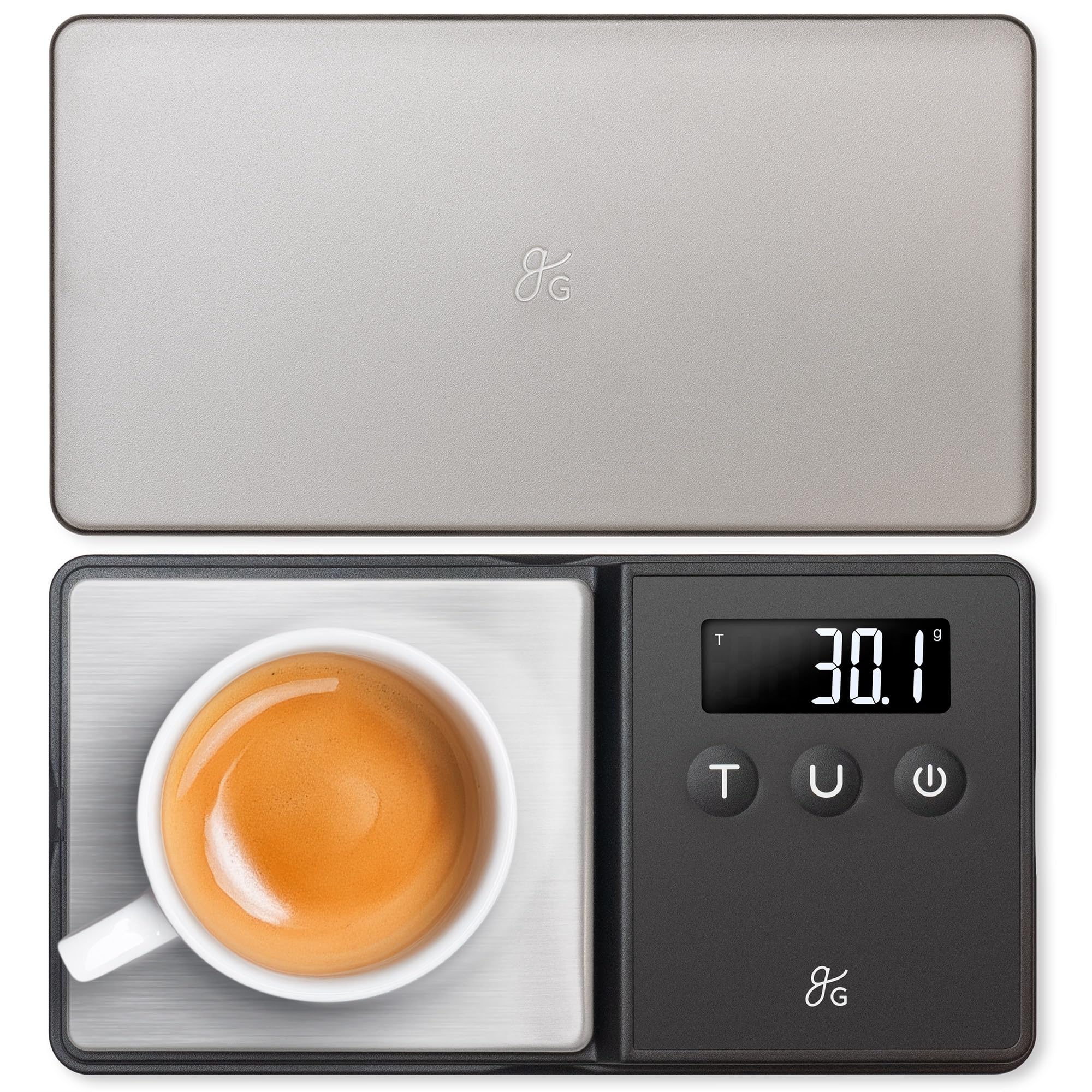 Greater Goods digital espresso scale with 0.1 g precision for precise dosing.