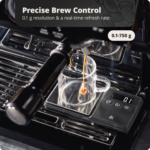 Greater Goods espresso scale backlit display for easy reading in dim light.