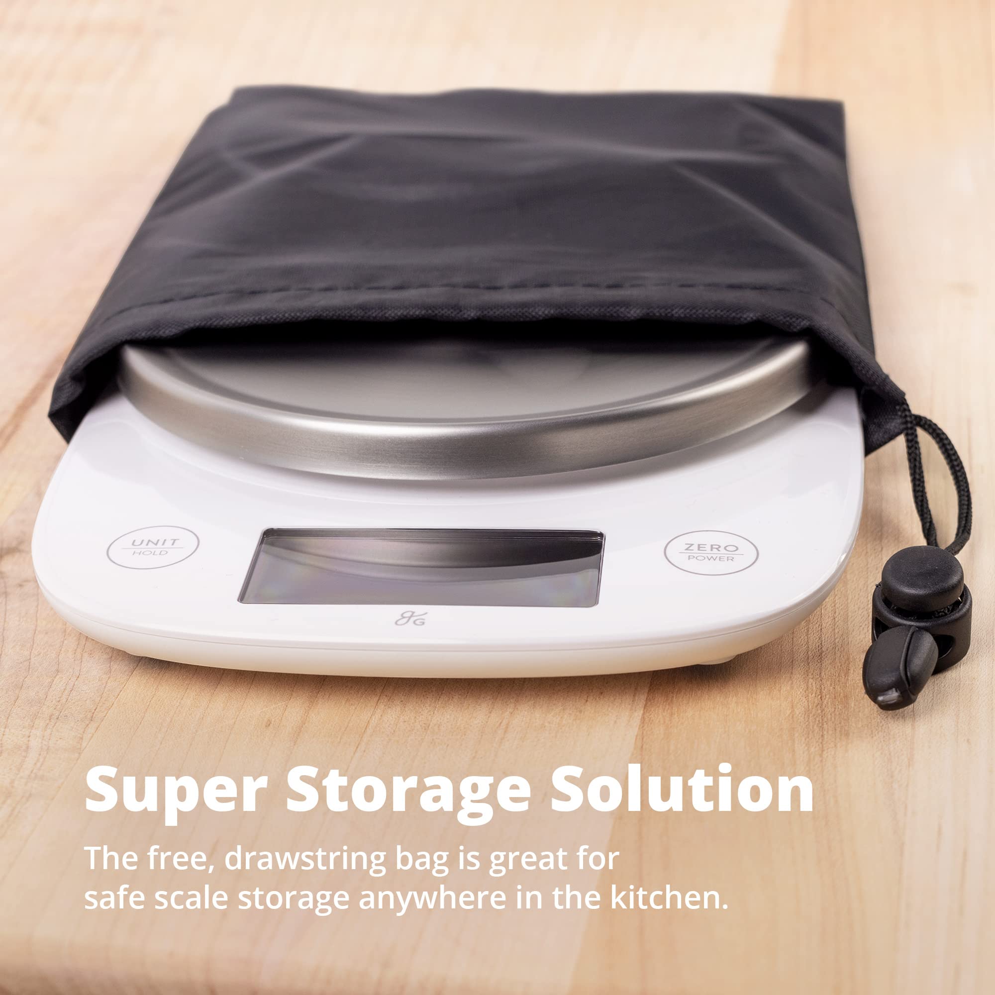 Greater Goods digital kitchen scale compact design saves counter space