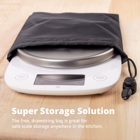 Greater Goods digital kitchen scale compact design saves counter space