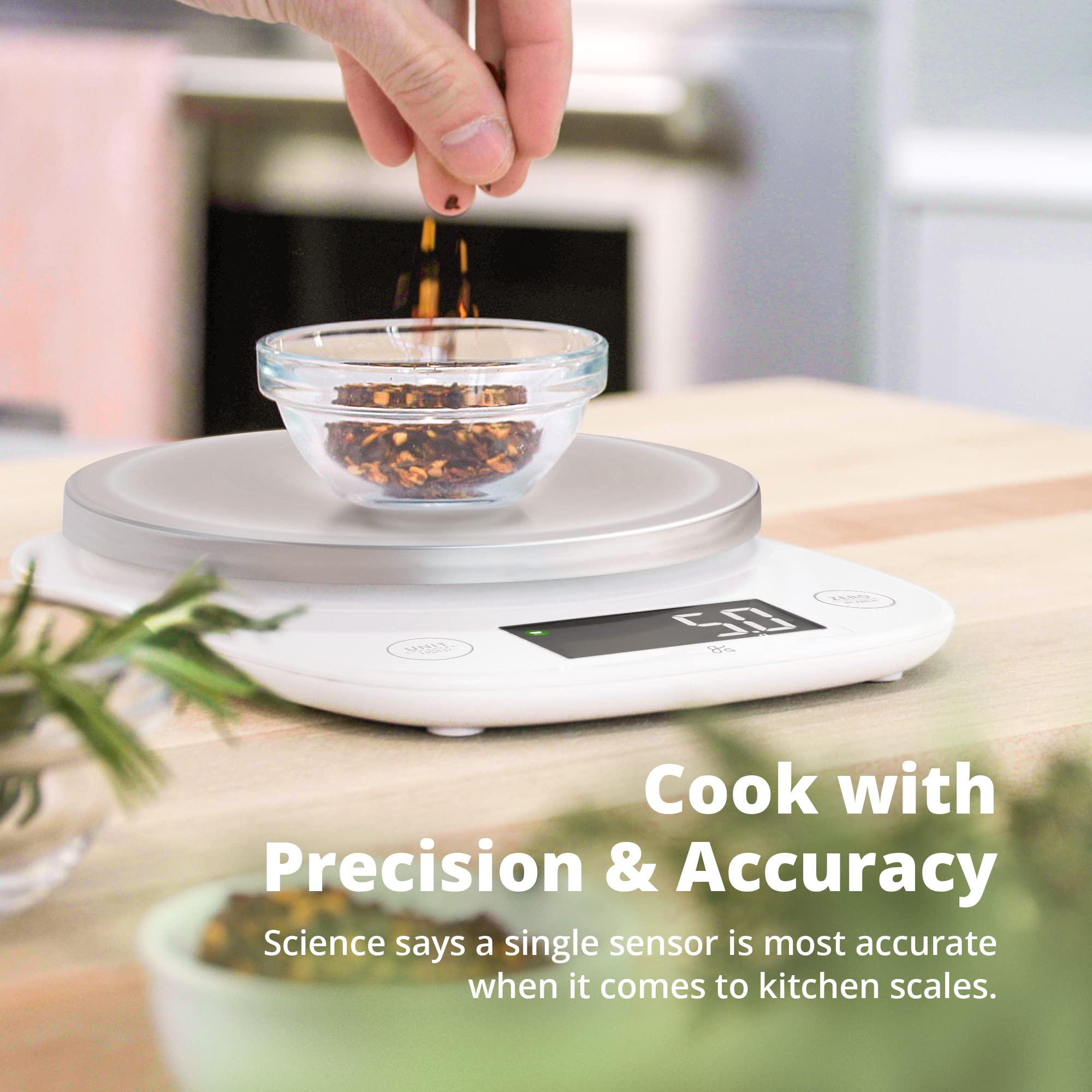 Greater Goods digital kitchen scale shows grams and ounces for versatile ingredient tracking