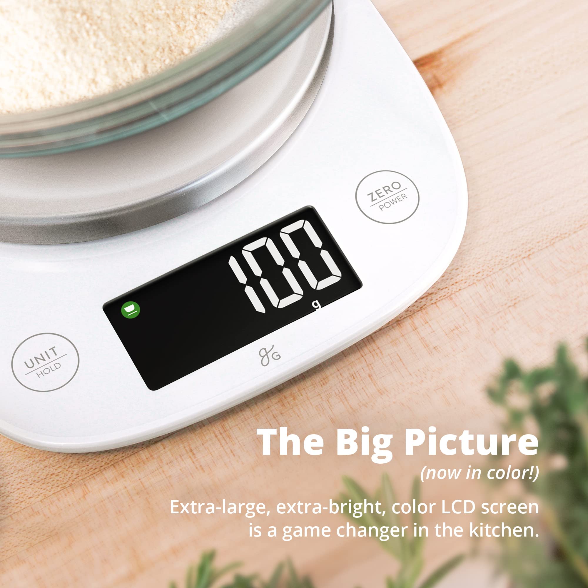 Greater Goods digital kitchen scale features a durable steel platform for easy cleaning