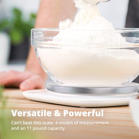 Greater Goods digital kitchen scale tare function for net weight accuracy with containers