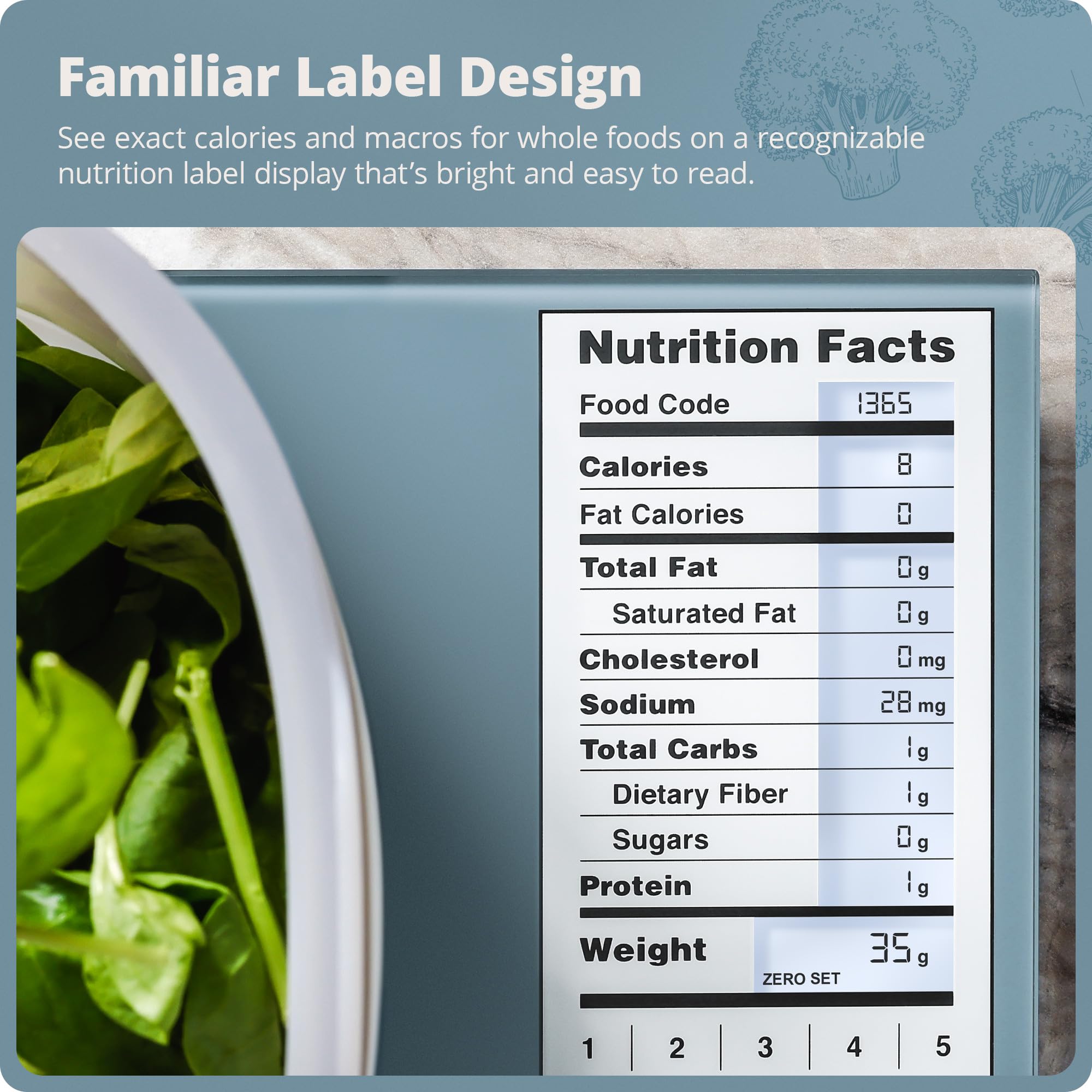 Greater Goods compact design fits neatly on counters while measuring ingredients