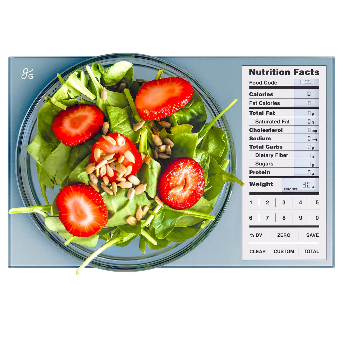 Greater Goods Digital Nutrition Scale front display for quick macro readings during meal prep