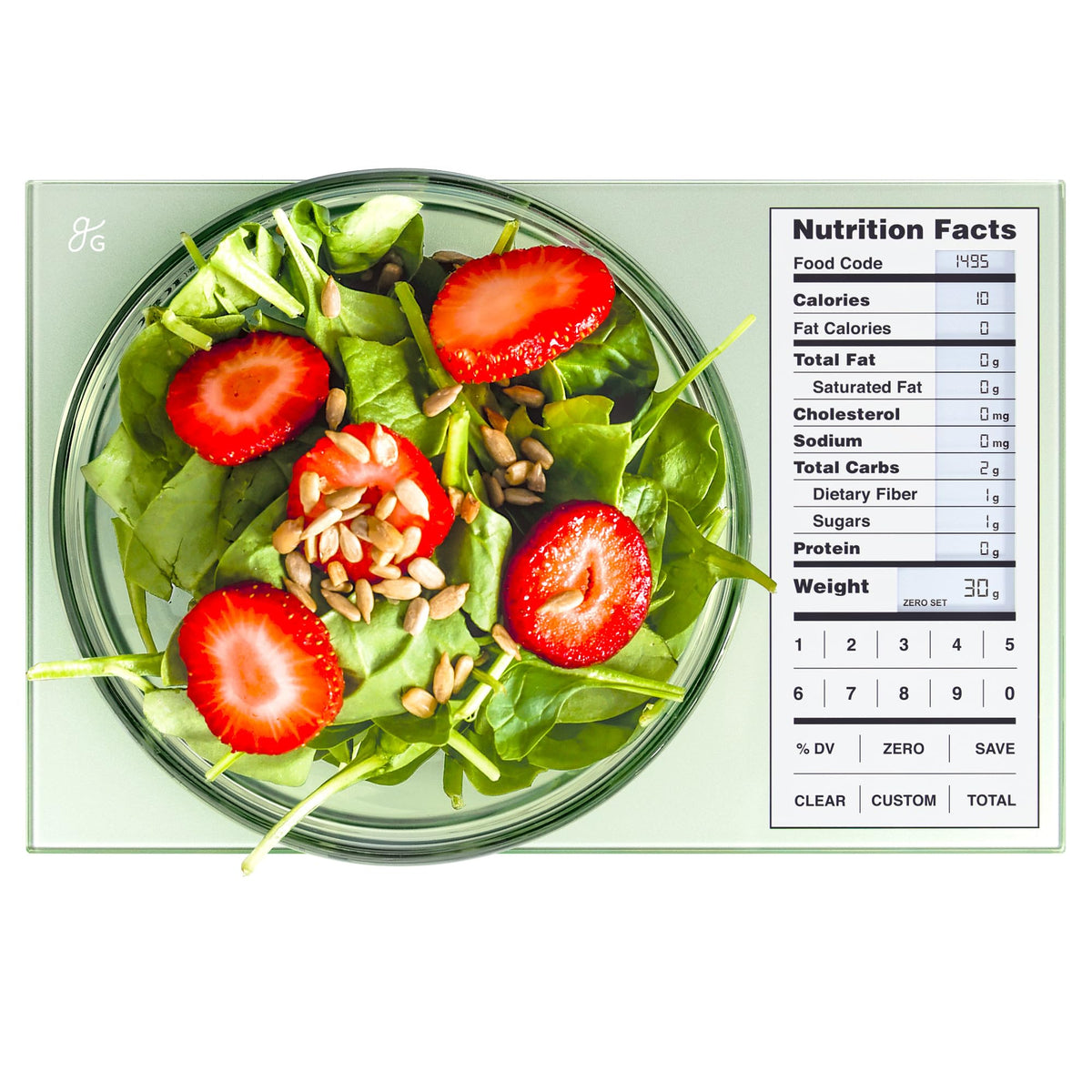 Greater Goods Digital Nutrition Scale with glass surface for easy, hygienic food prep.