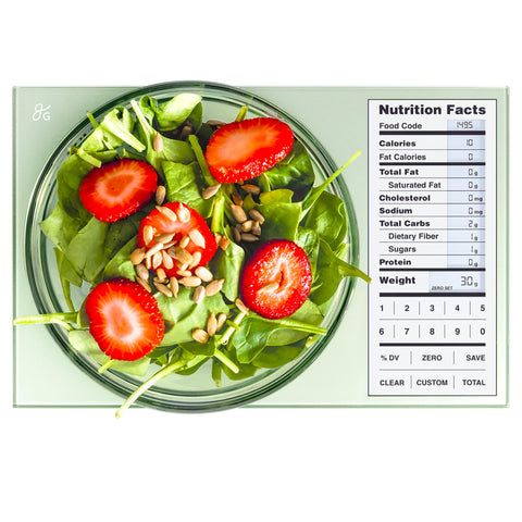Greater Goods Digital Nutrition Scale with glass surface for easy, hygienic food prep.