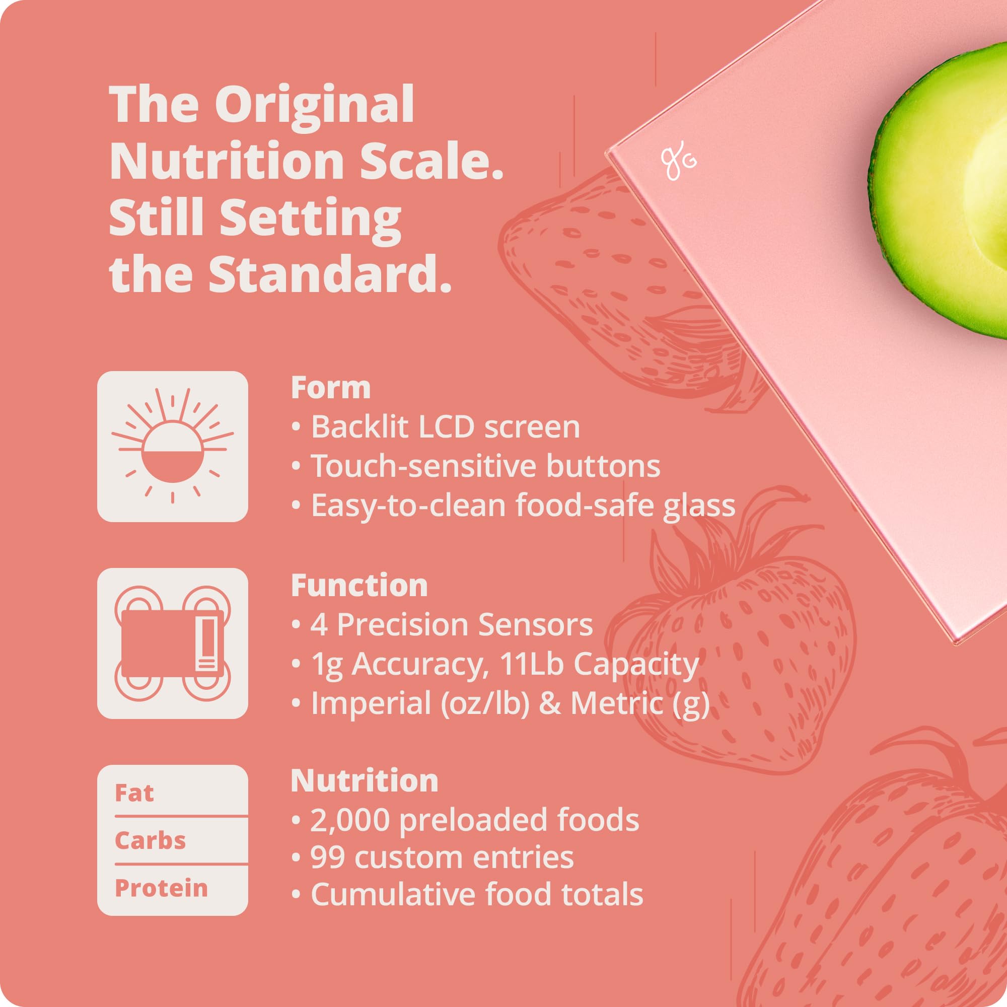 Greater Goods Digital Nutrition Scale macro tracking readout for carbs, protein, fats.