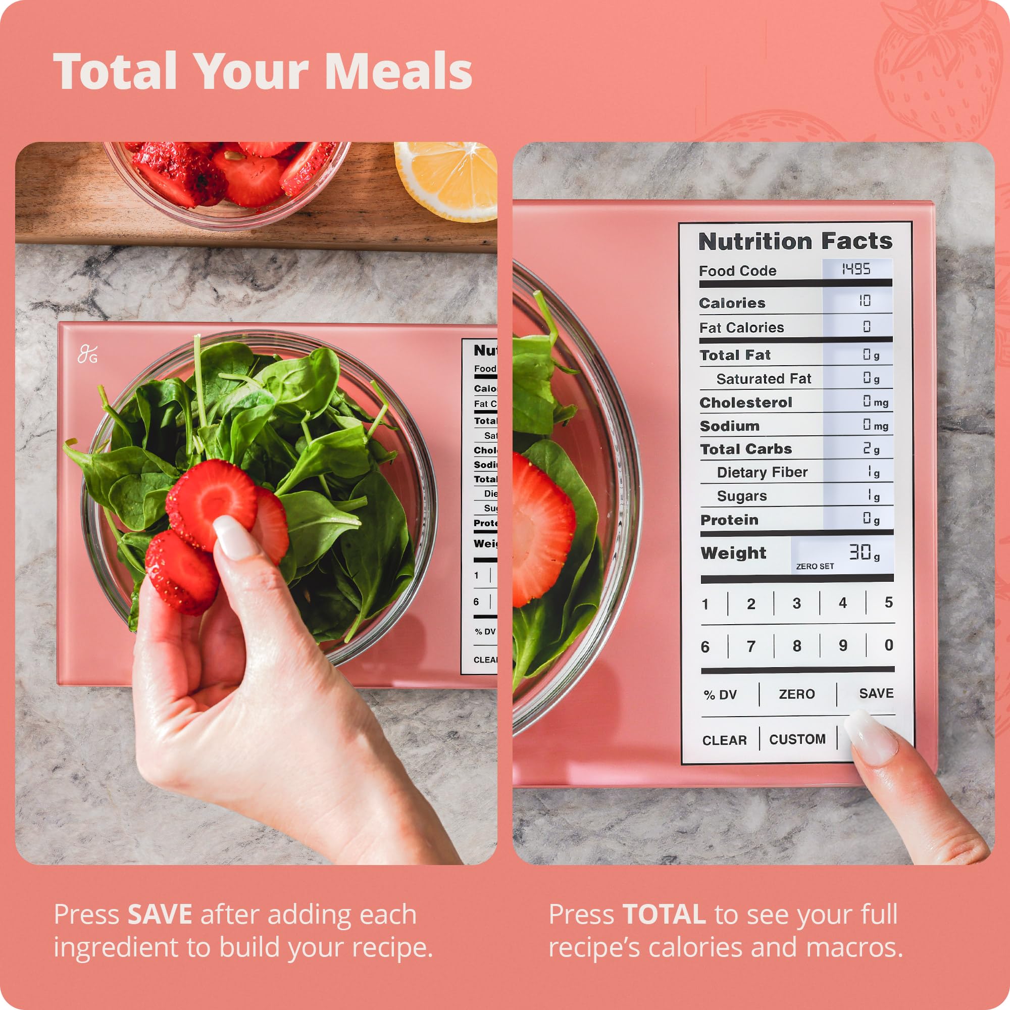 Greater Goods Digital Nutrition Scale tare function for net-weight accuracy.