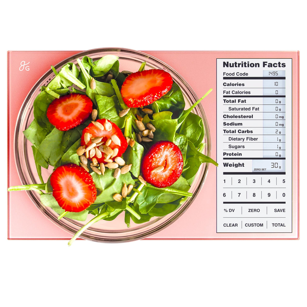 Greater Goods Digital Nutrition Scale top view, compact design for precise meal prep.