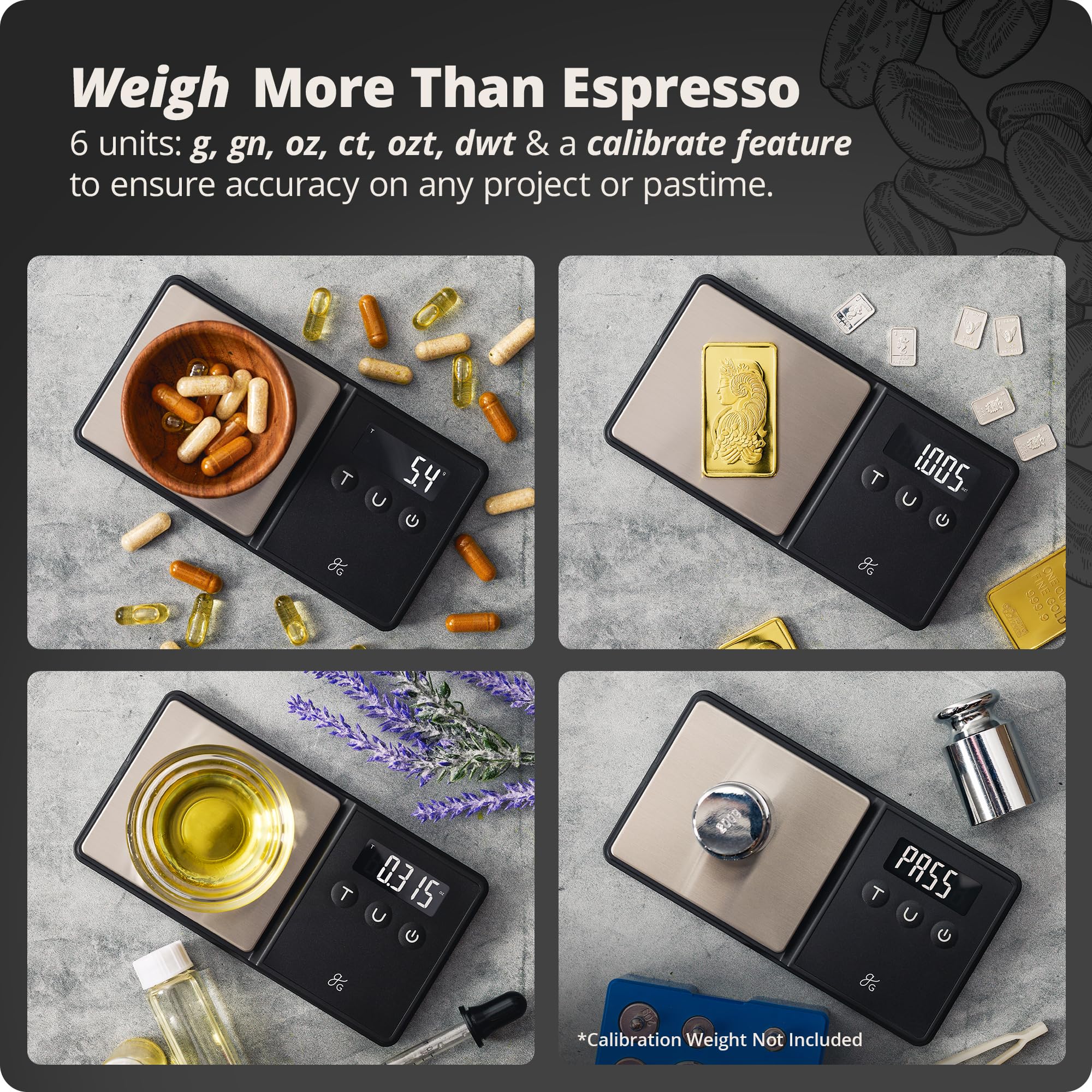Greater Goods espresso scale with chrome sensor for consistent measurements.