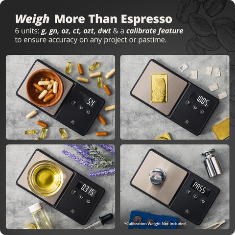 Greater Goods espresso scale with chrome sensor for consistent measurements.