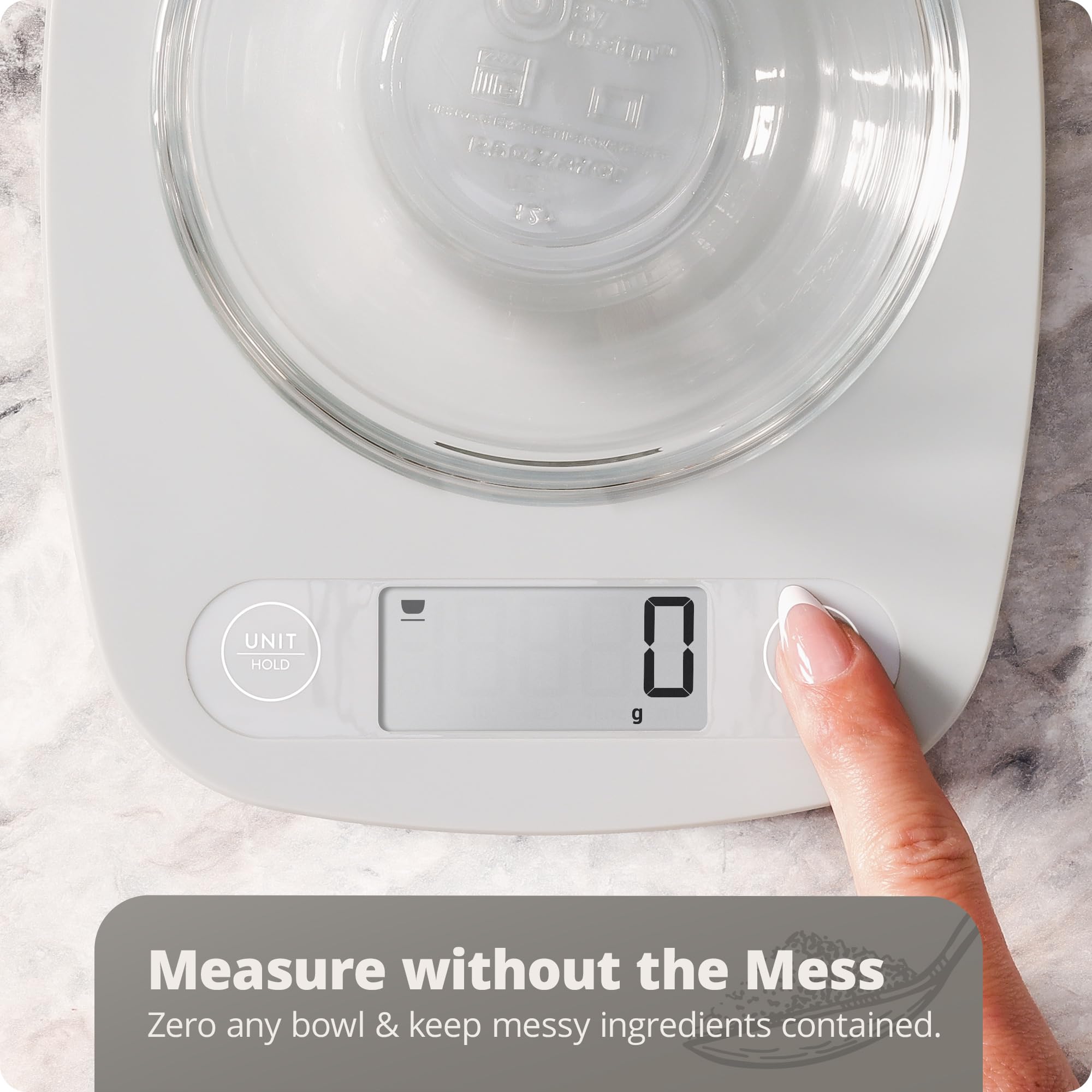 Greater Goods Food Scale with bowl compatibility and measurements.