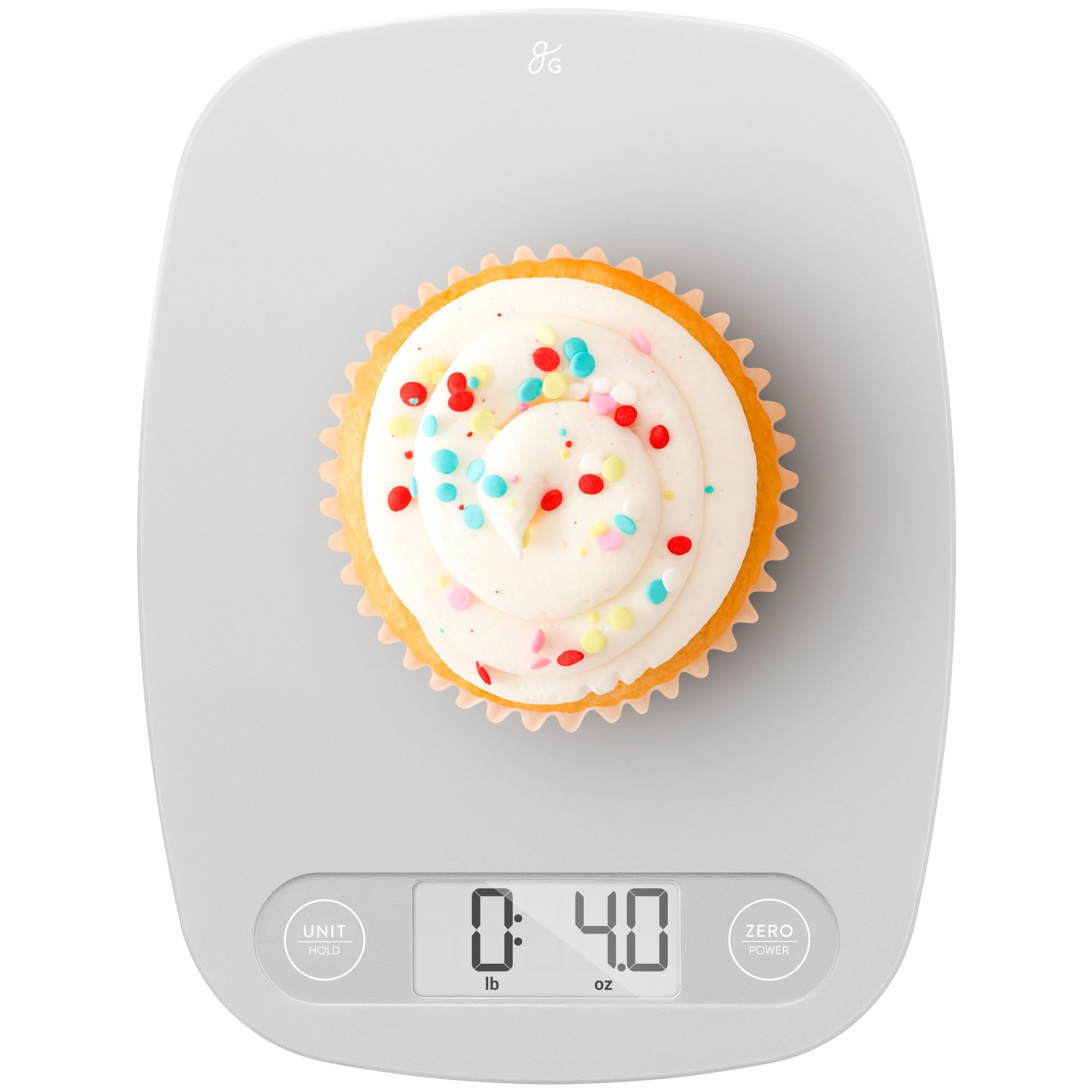 Greater Goods Food Scale front view showing slim, compact design for small counters.