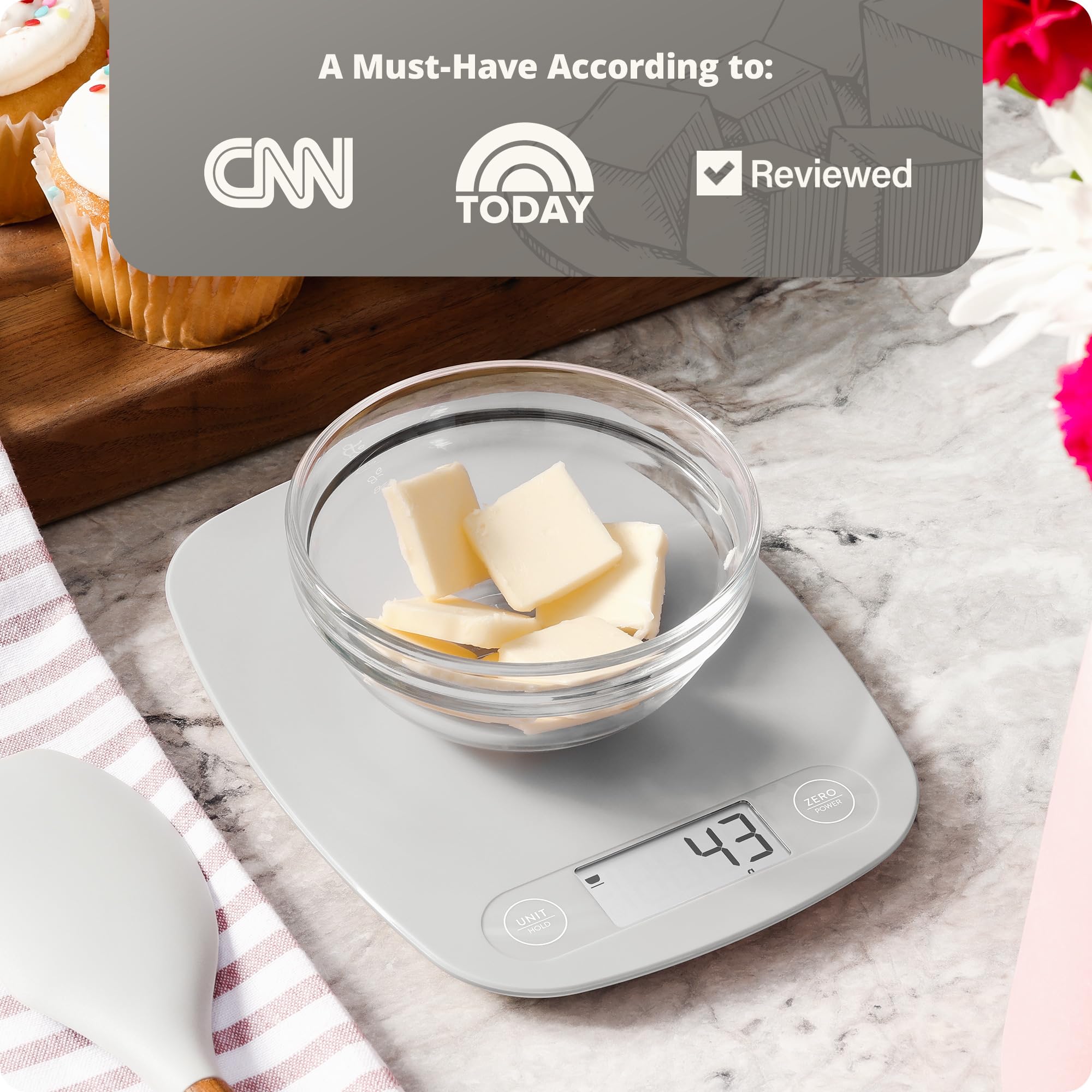 Greater Goods Food Scale on a kitchen counter demonstrating compact design.