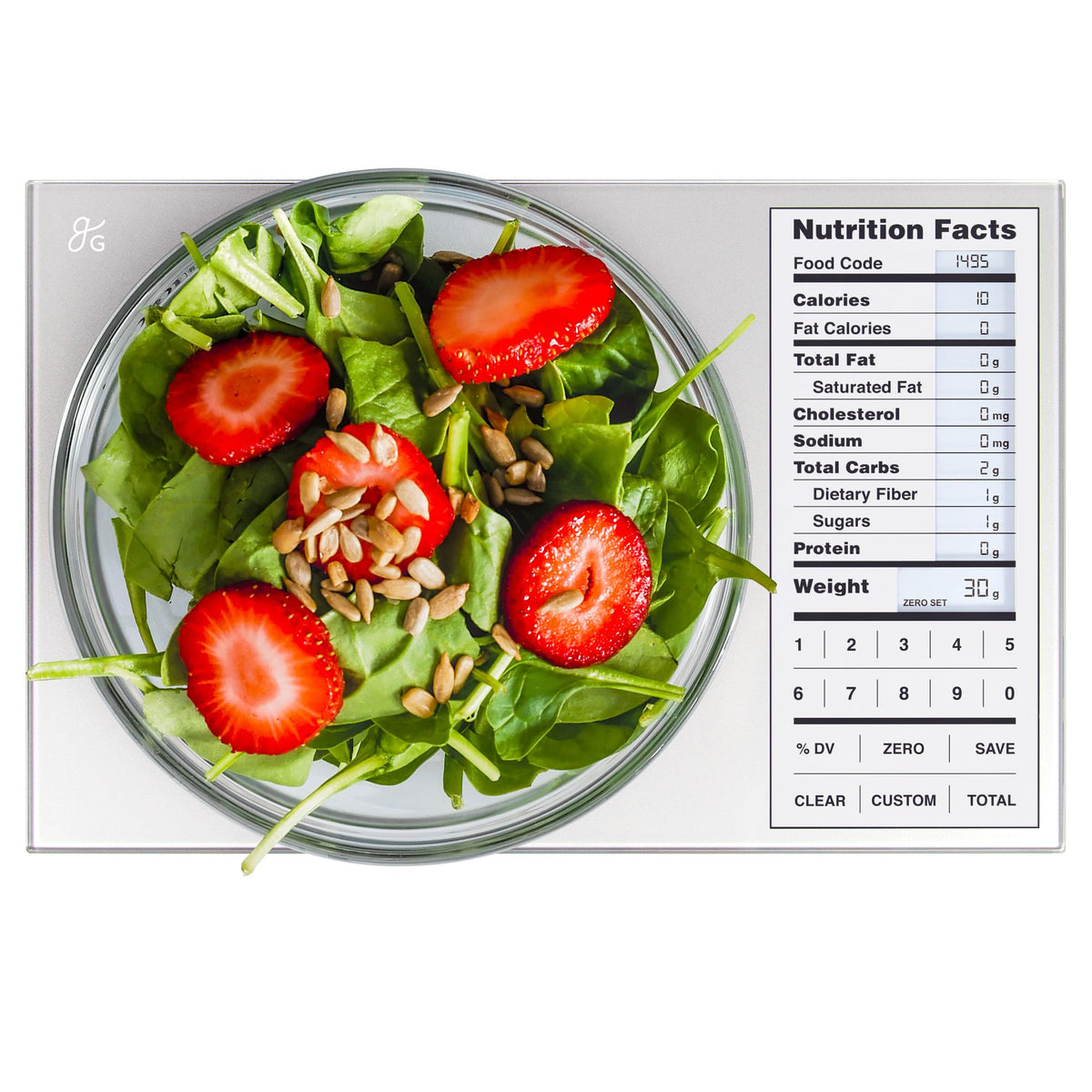 Greater Goods nutrition scale with backlit display for offline macro tracking.