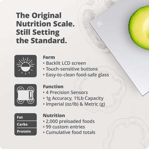 Seamless tare function totals nutrition as ingredients are added.