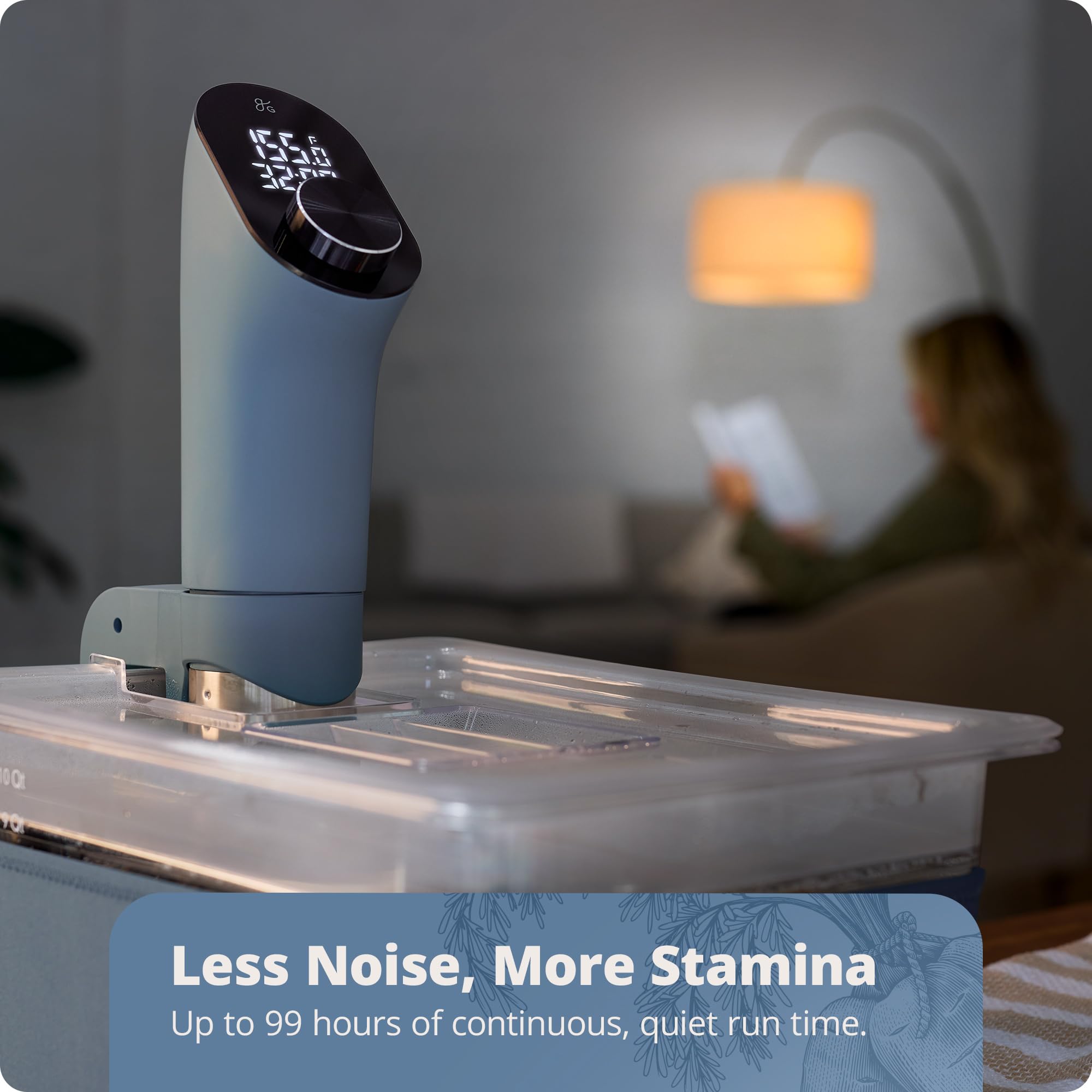 Stone blue immersion circulator with silent, powerful 1100W performance.
