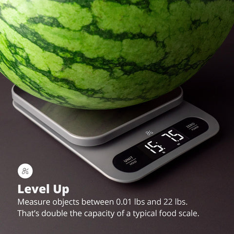 Greater Goods kitchen scale high-capacity design ideal for bulk cooking and meal prep.