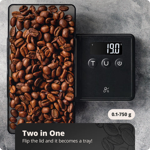Greater Goods scale tare function zeroes a cup for accurate grounds.