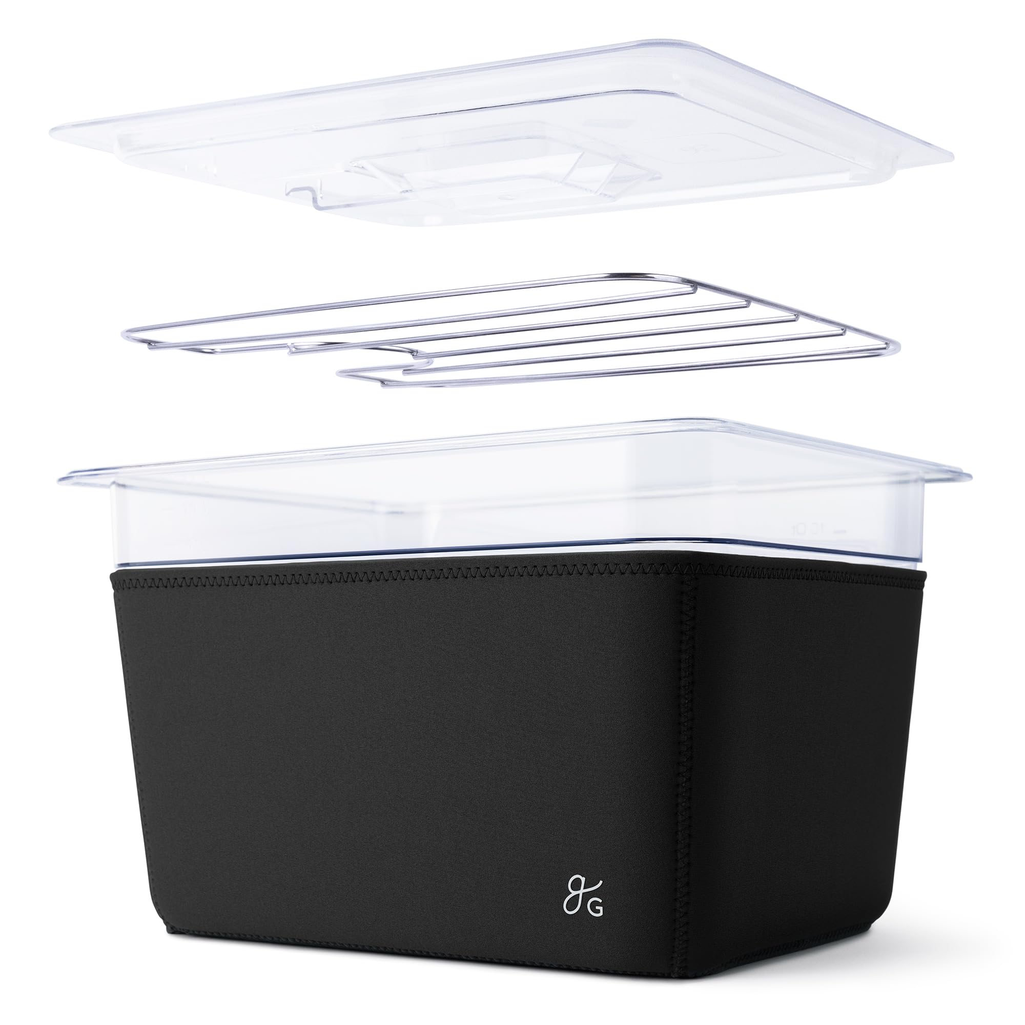Greater Goods 12 qt sous vide container with lid and rack for precise, even cooking.