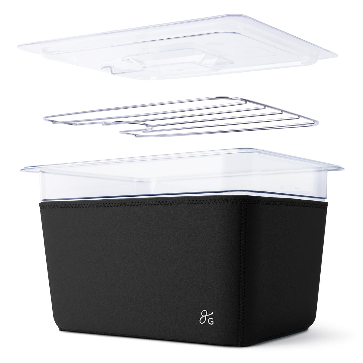 Greater Goods 12 qt sous vide container with lid and rack for precise, even cooking.