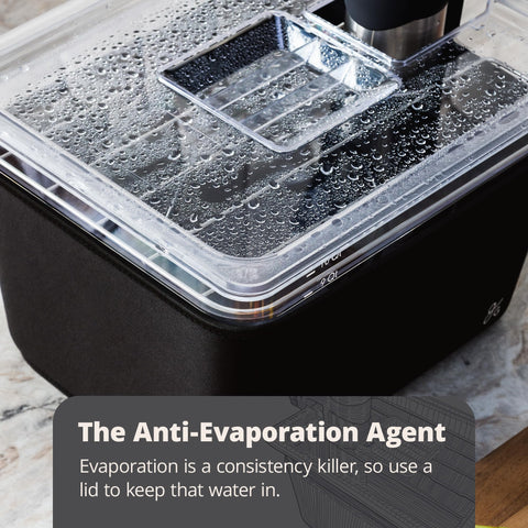 Greater Goods sous vide container showing stainless steel rack for organized bag placement.