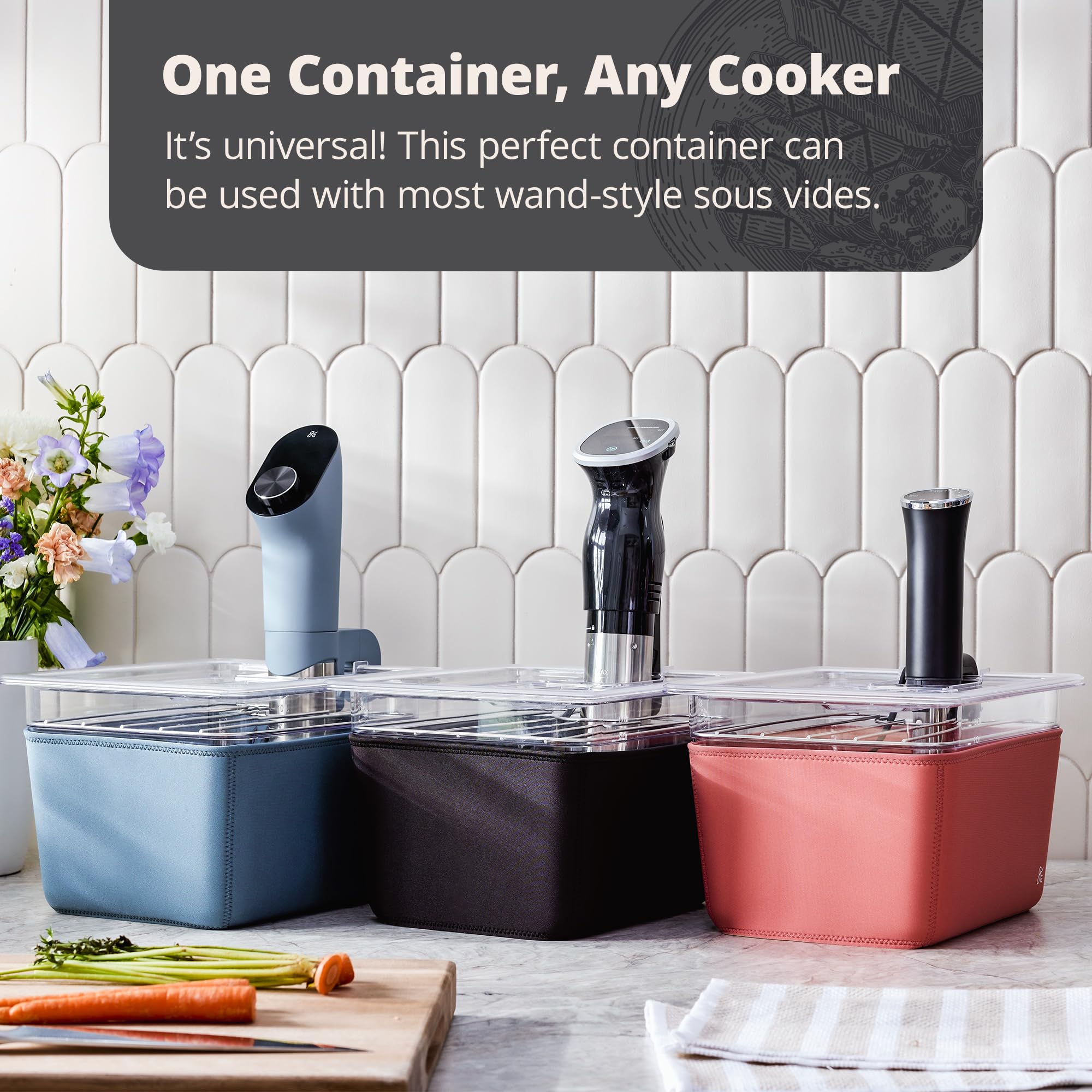 Greater Goods 12 qt sous vide kit with lid, rack, and sleeve for versatile kitchen tasks.