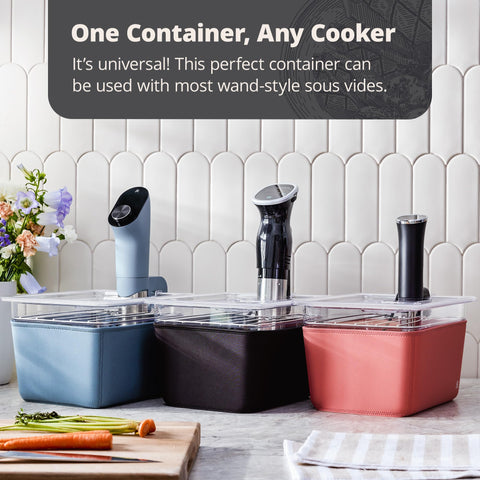 Greater Goods 12 qt sous vide kit with lid, rack, and sleeve for versatile kitchen tasks.