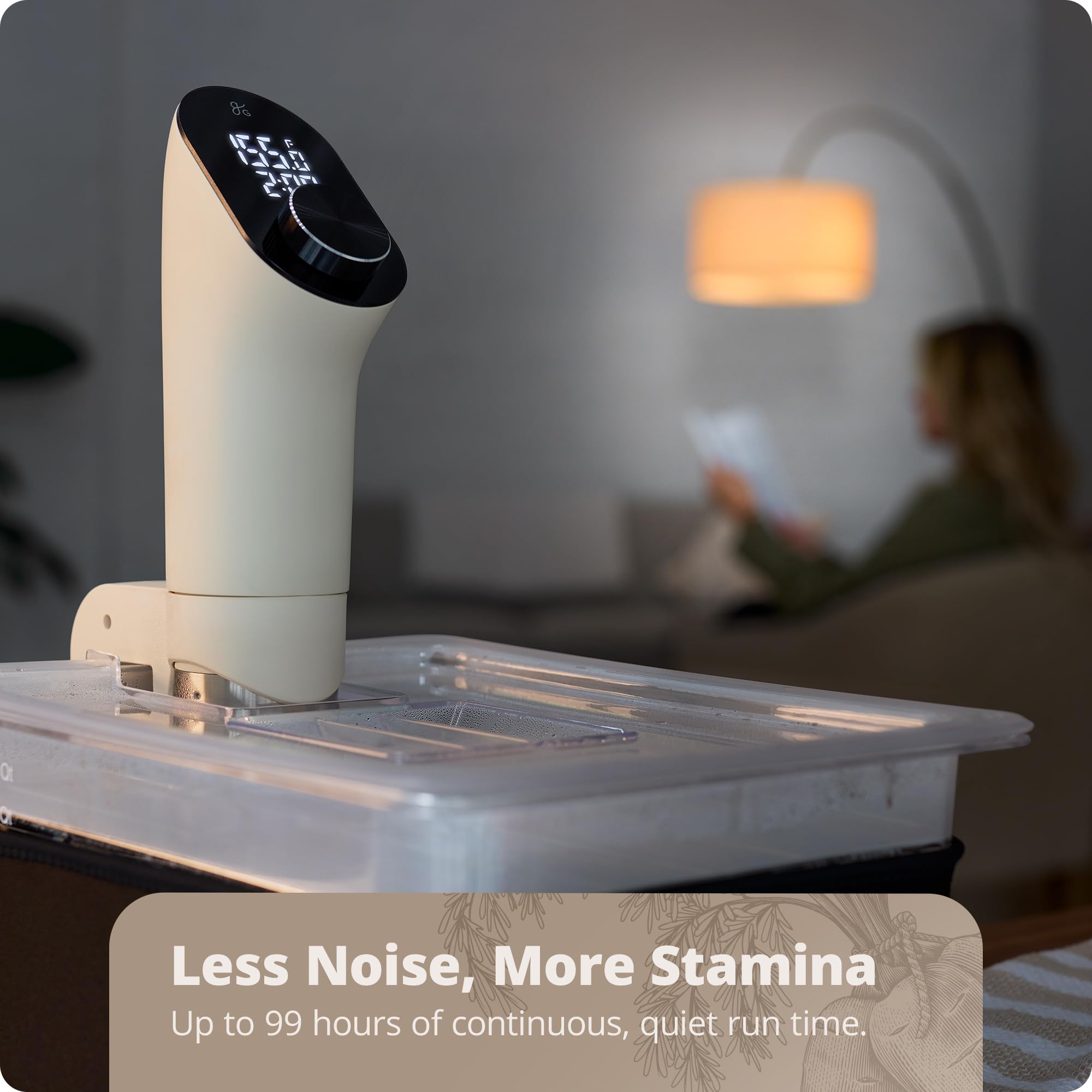 Greater Goods sous vide machine LED display for clear temperature and time reading.