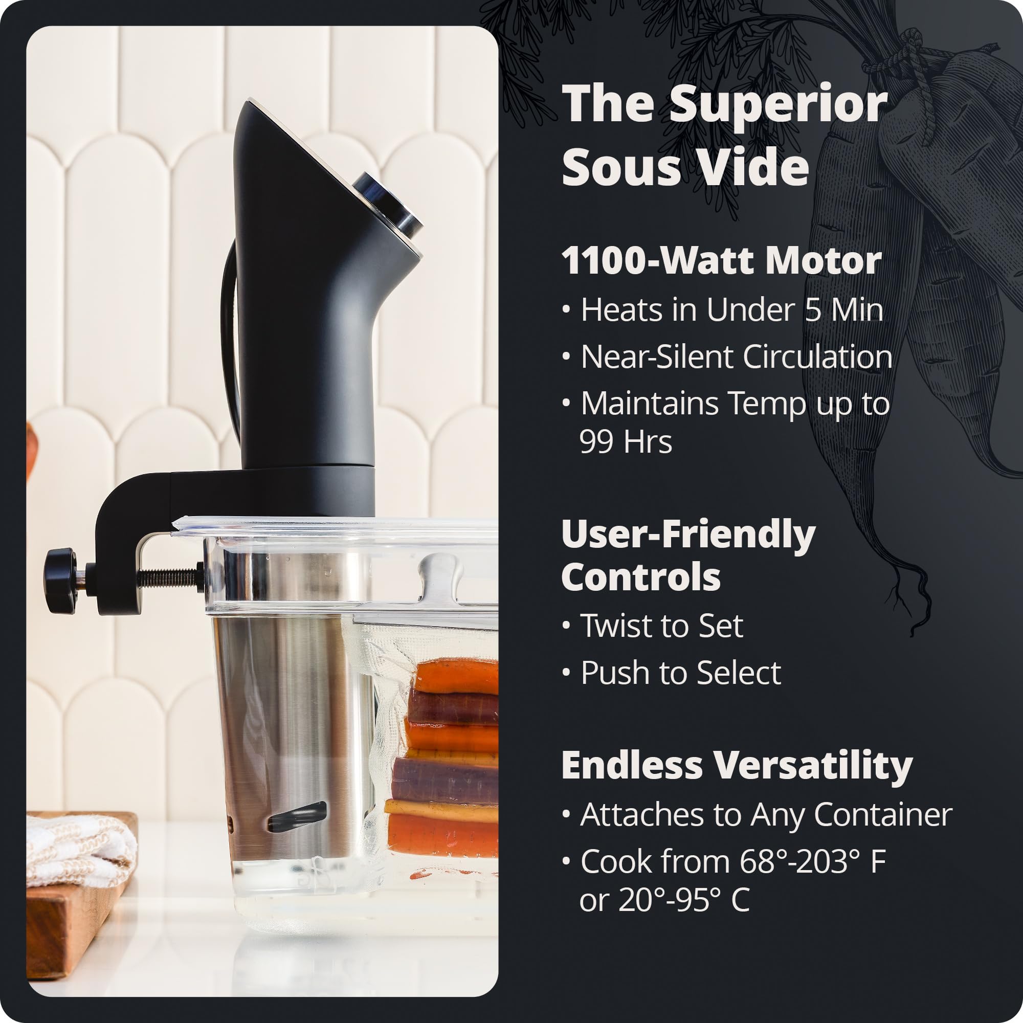 Greater Goods sous vide precision cooker in pot demonstrates secure clamp and even heat