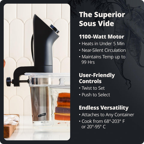 Greater Goods sous vide precision cooker in pot demonstrates secure clamp and even heat