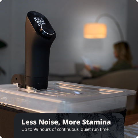 Greater Goods sous vide precision cooker LED display shows temp and timer at a glance