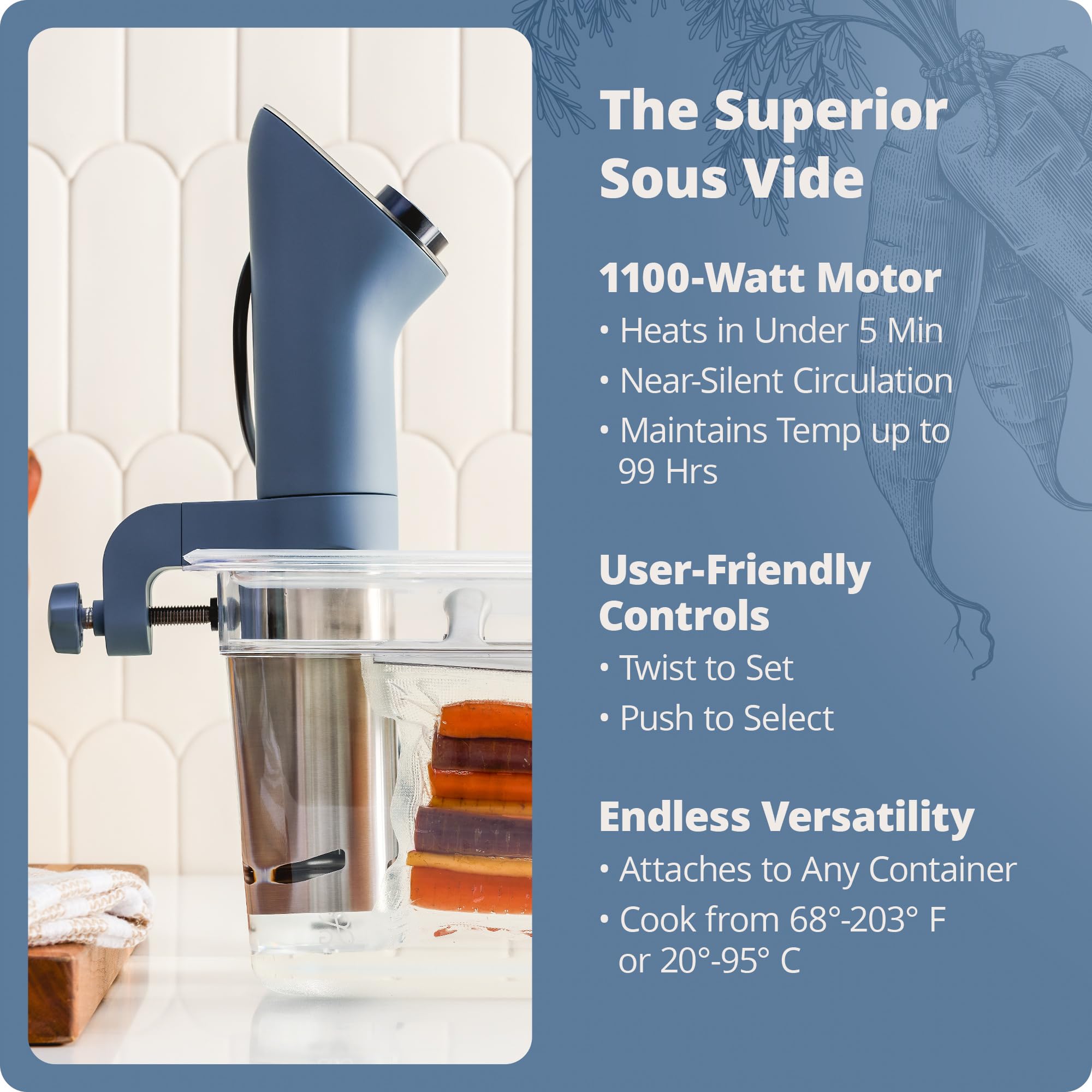 Broad 68°F to 203°F range enables versatile cooking with Greater Goods.