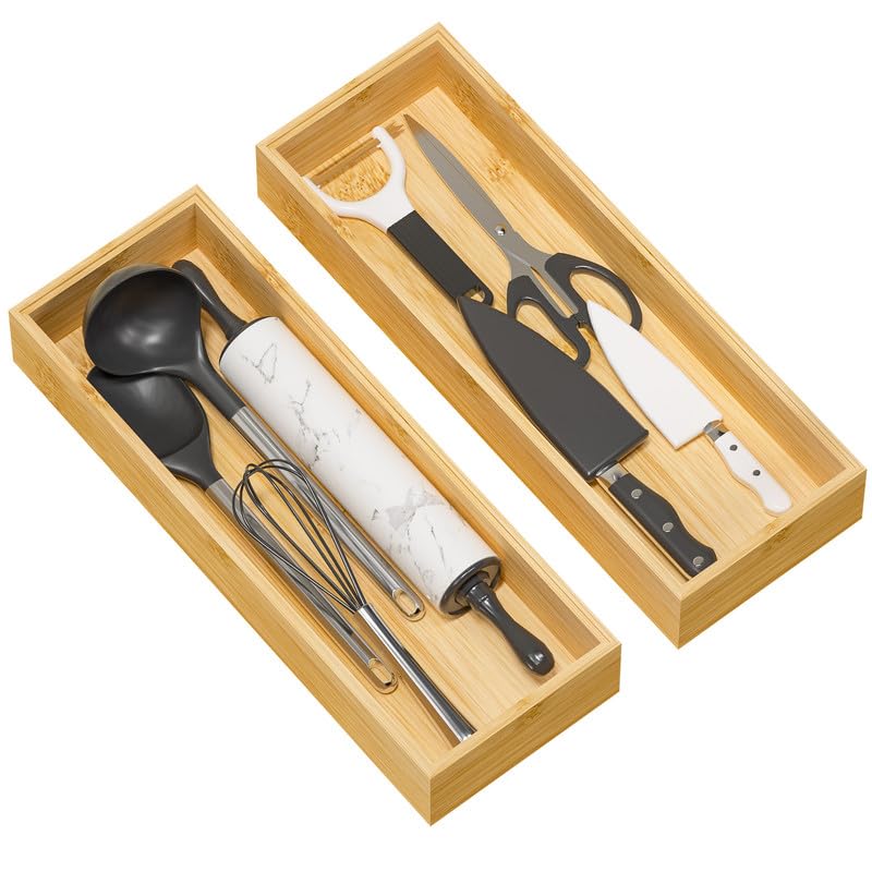 Greatseas bamboo drawer organizer 2pc set keeps utensils neatly organized and accessible.