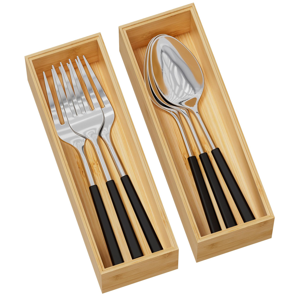 Greatseas bamboo drawer organizer two-piece set keeps utensils neatly organized.