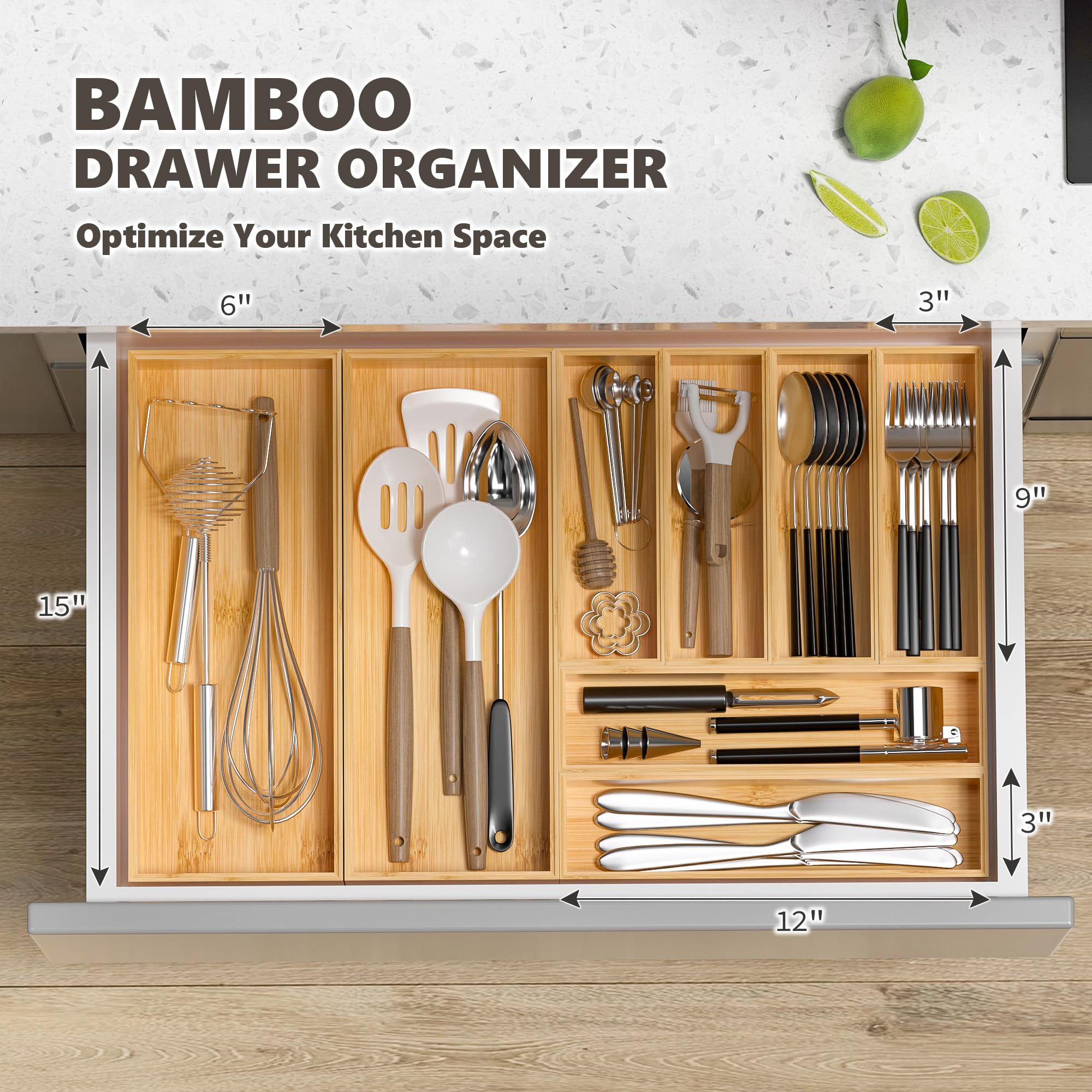 Greatseas stackable wood drawer organizer adds height and flexibility for taller utensils.