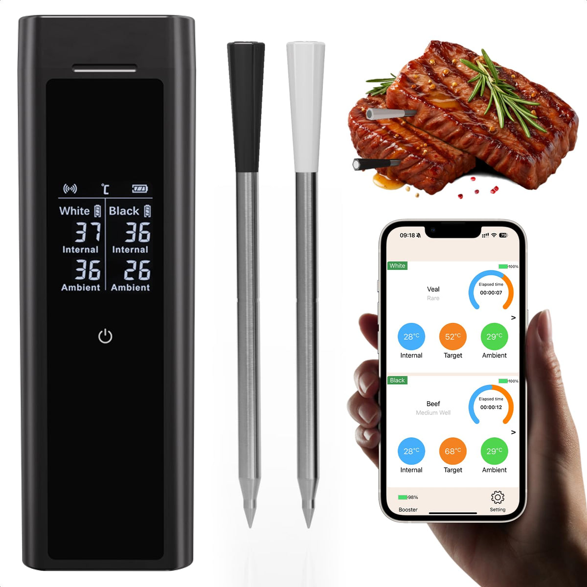 Grebilux wireless thermometer with dual probes for precise two-dish monitoring