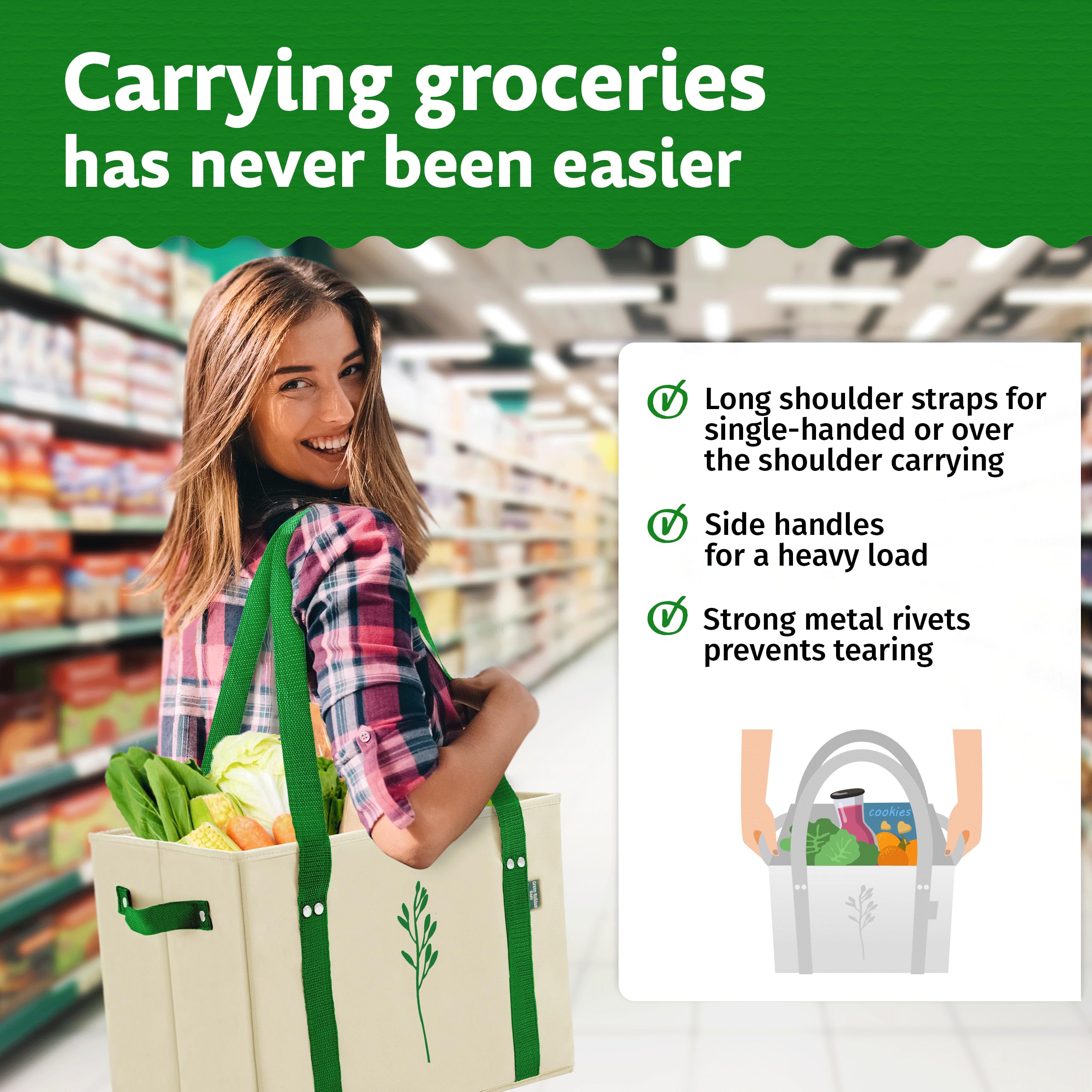 Green Bulldog Bags reinforced-bottom prevents spills during packing.