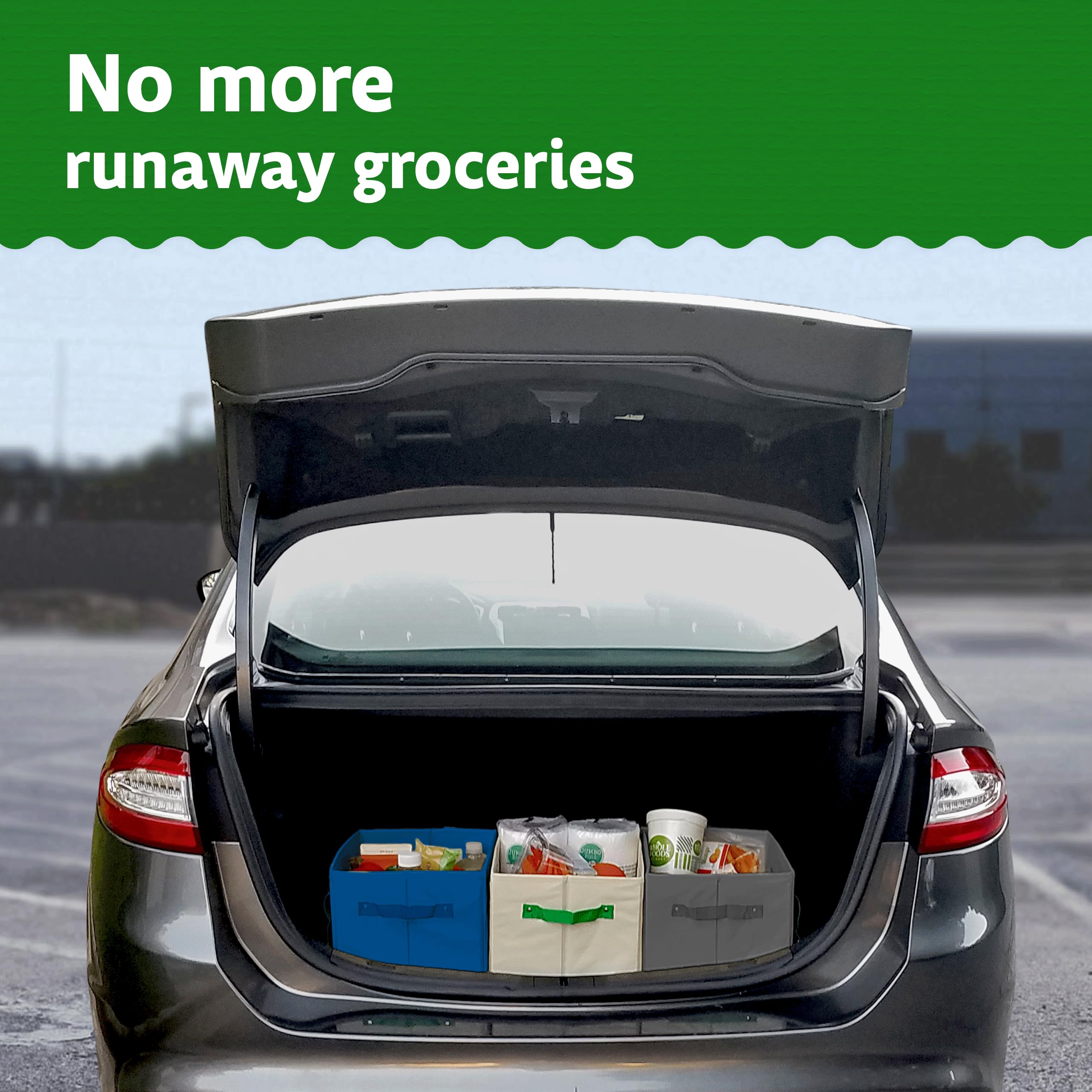Green Bulldog Bags fit in car trunk for easy transport.